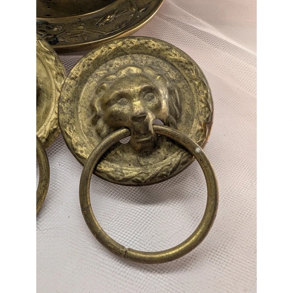 Brass Chamberstick Candle Holder & Pair of Lion Head Ring Pulls Vanity Hardware